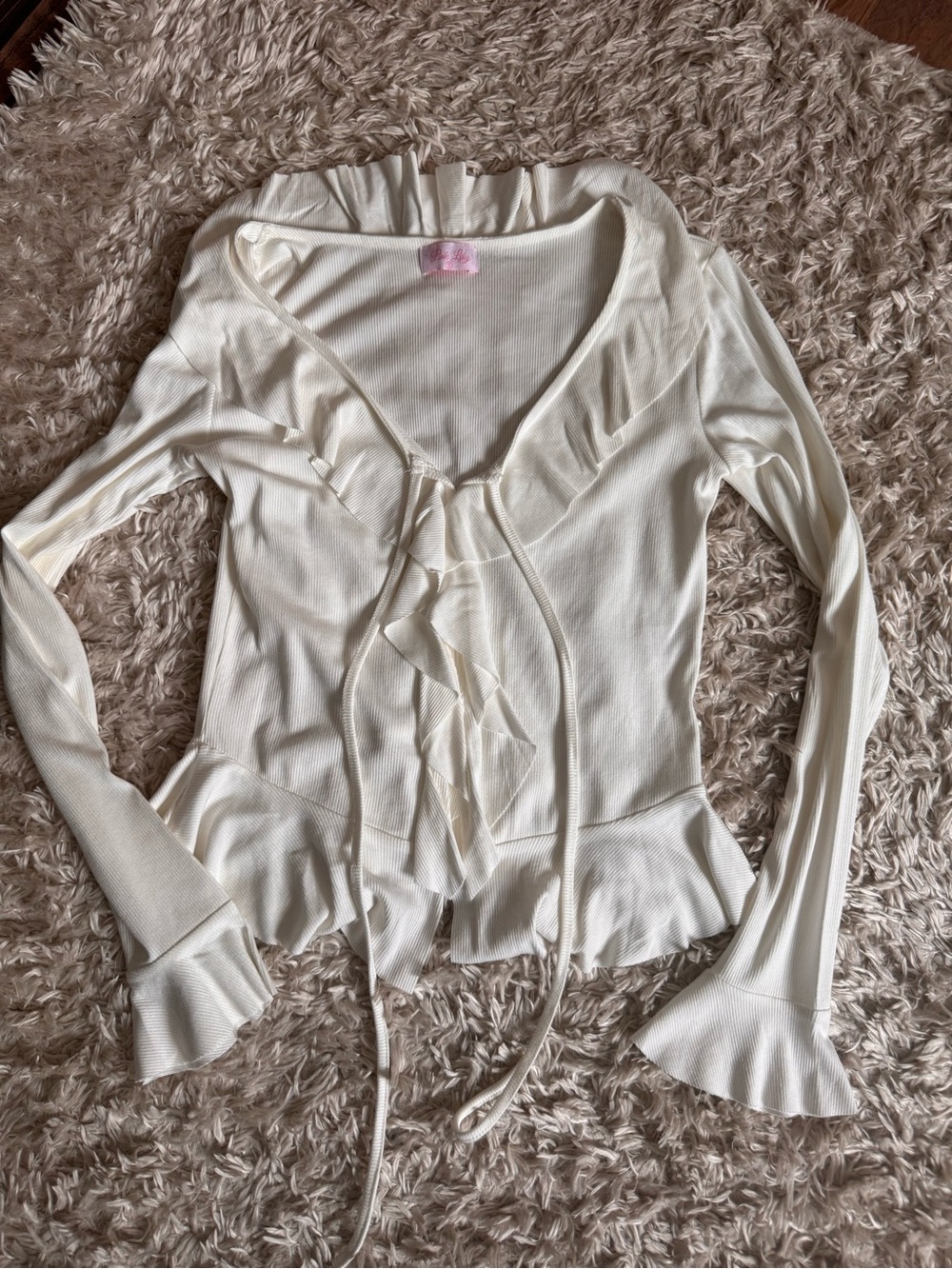 Pink Lily Cream Ruffle Tie-Front Blouse